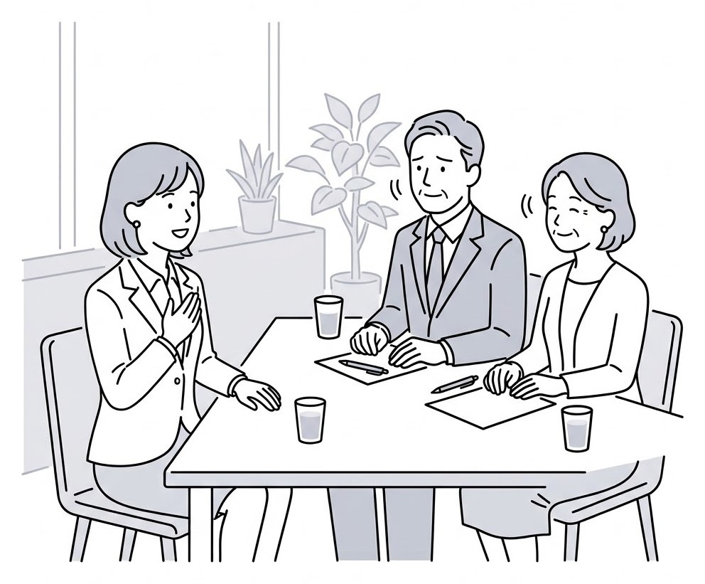面接官に向かって穏やかに本音を話す受験者のイラスト