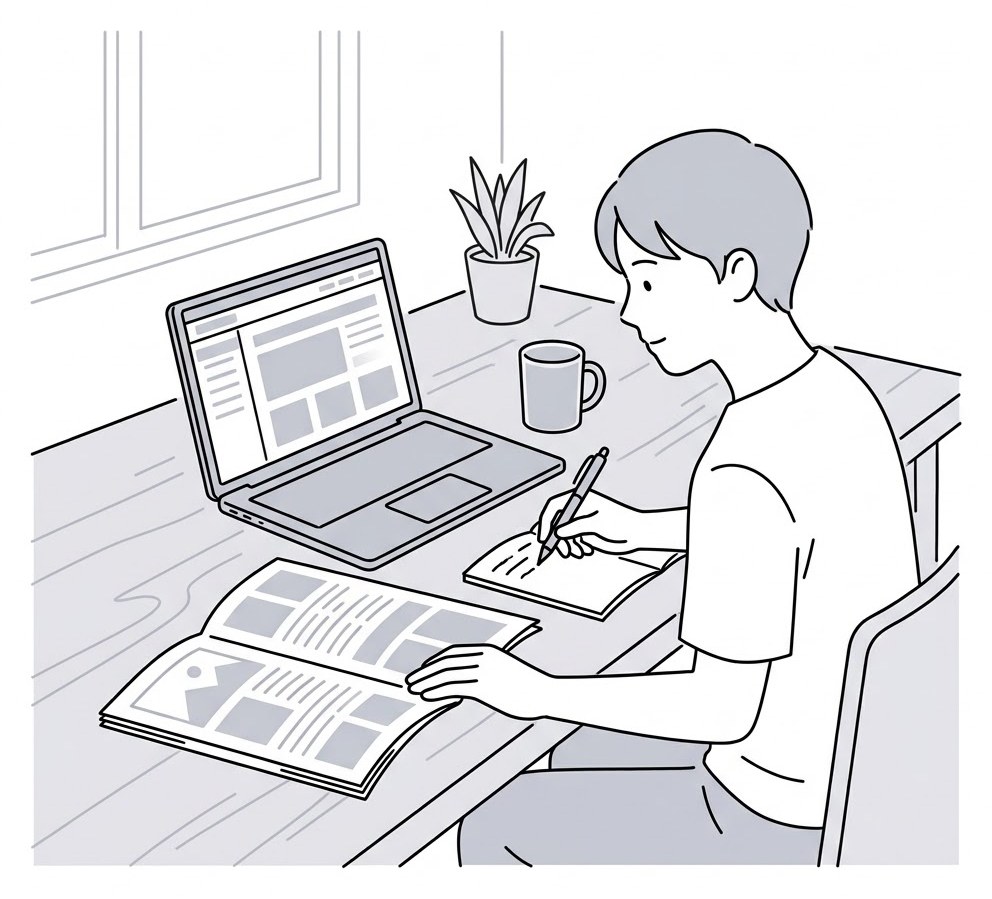 市役所のホームページや広報誌を見ながらメモを取る人のイラスト