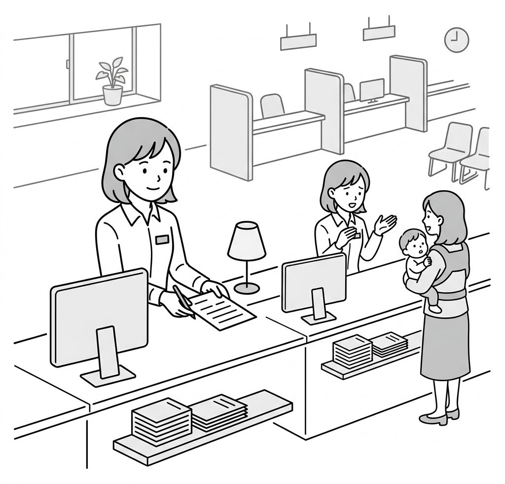 役所の窓口で住民の相談に耳を傾ける職員のイラスト