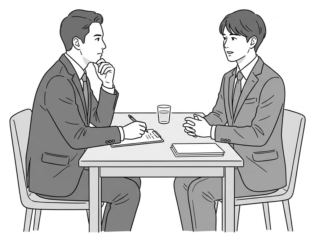 面接で落ち着いて謙虚に話す受験者と面接官のイラスト