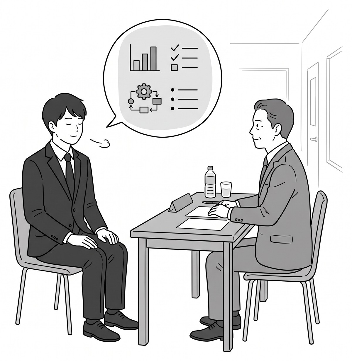 面接中に一瞬目を閉じて一呼吸置き、頭の中で考えを整理する受験者の線画イラスト