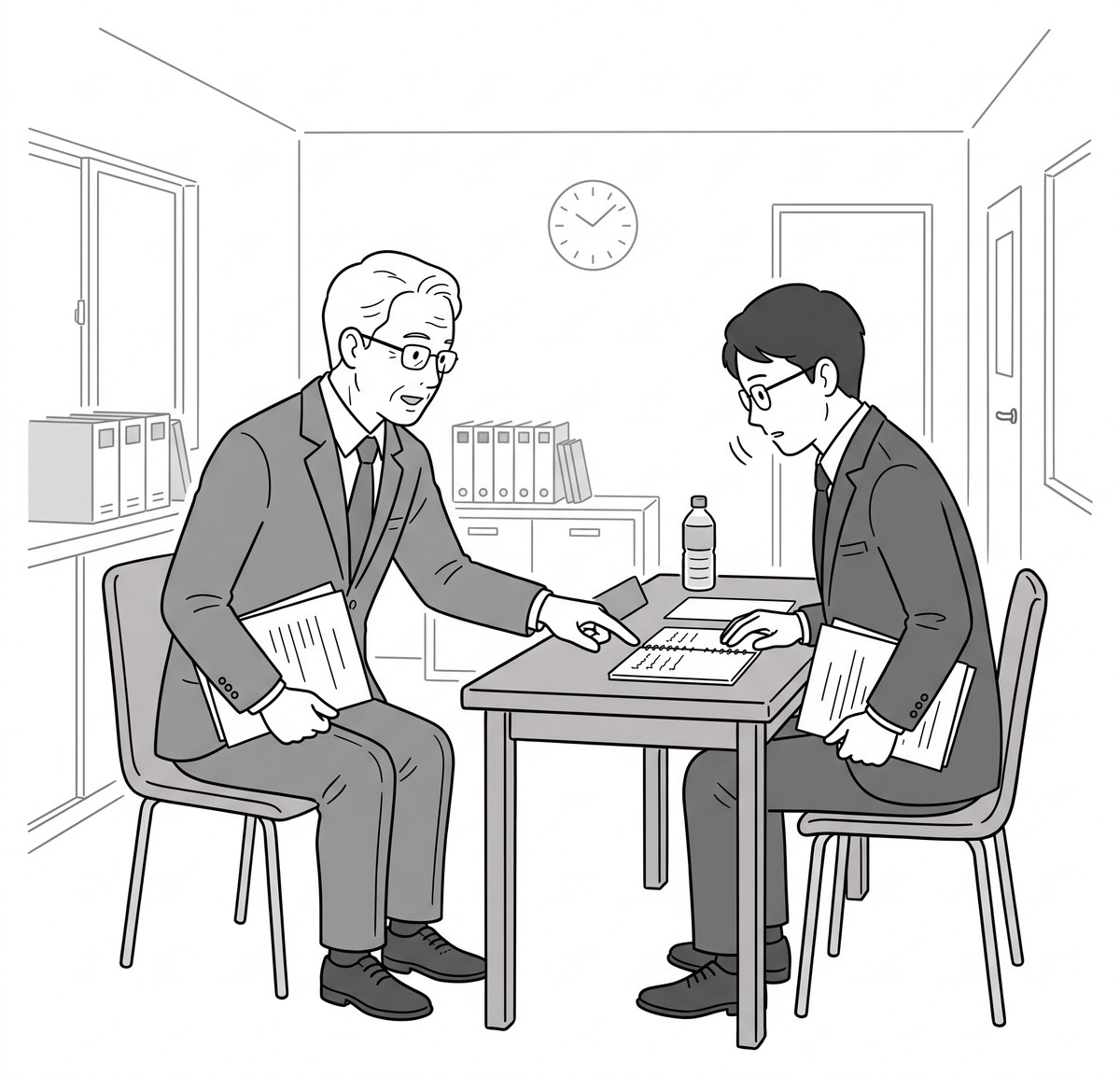 落ち着いた様子で面接官に自分の言葉で話す受験者の線画イラスト