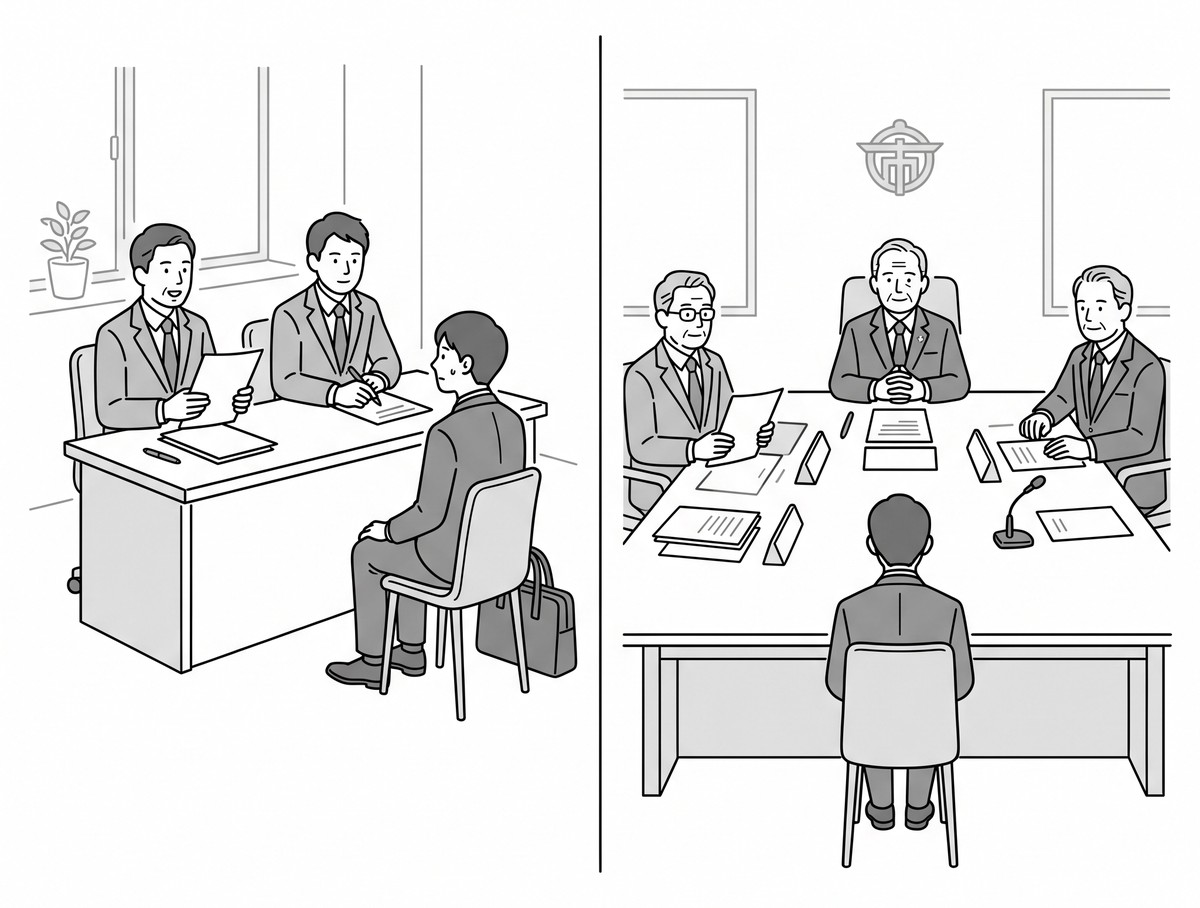 一次面接と最終面接で面接官の顔ぶれが変わる様子を対比した線画イラスト