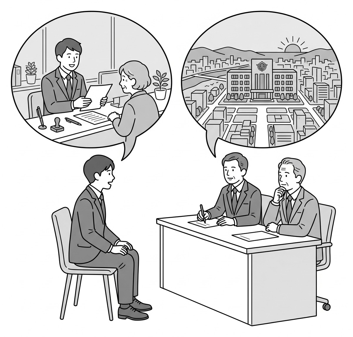 面接官の立場に合わせて話す視点を切り替える受験者の線画イラスト