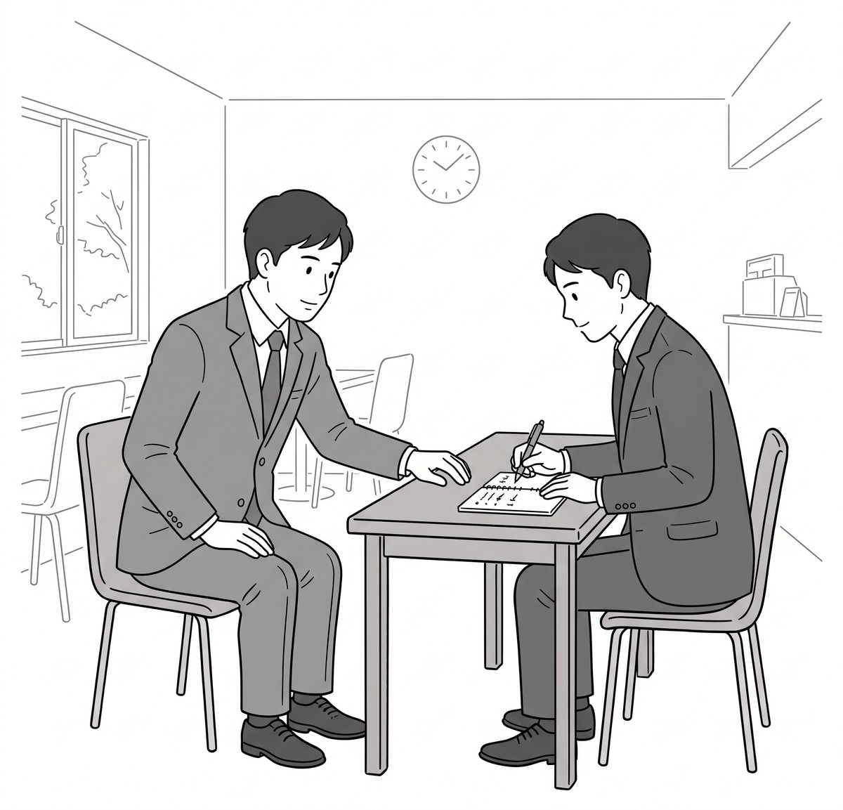 複数の面接官がメモを見せ合いながら評価をすり合わせている線画イラスト