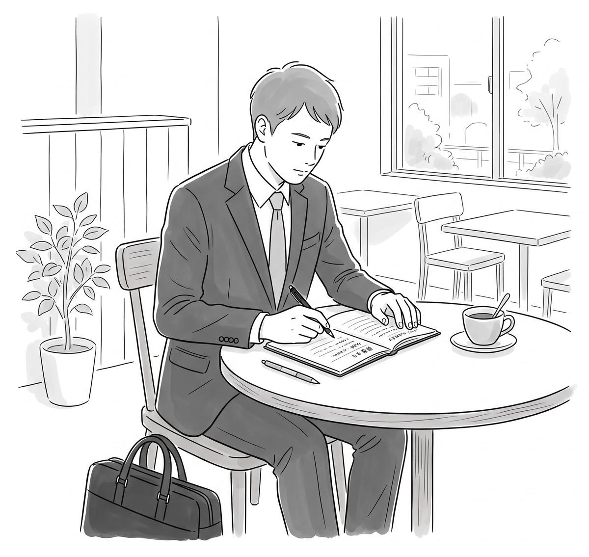 面接を終えた受験者が一人、カフェでノートに面接の振り返りを書き留めている線画イラスト
