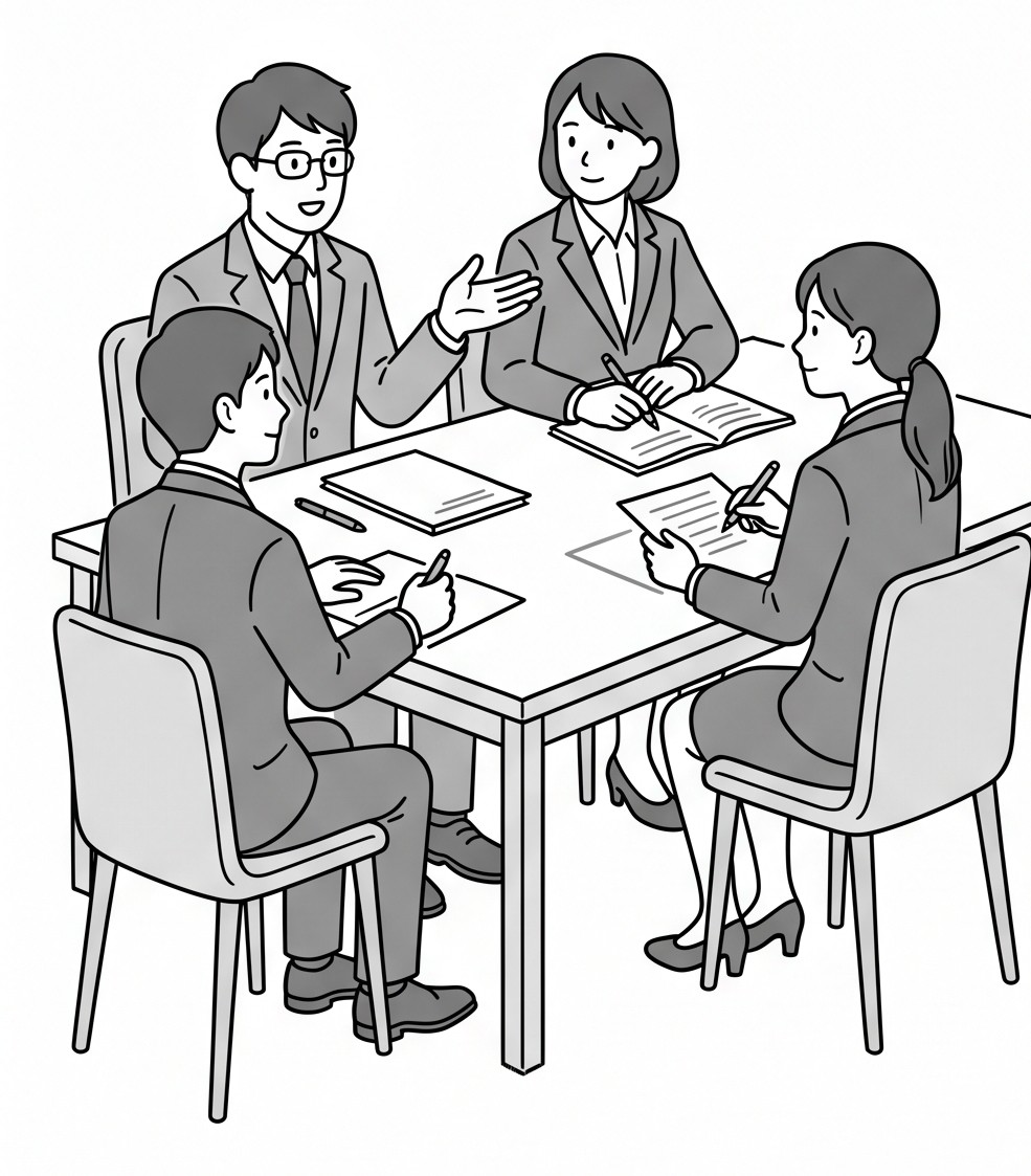 テーブルを囲んでグループディスカッションをする4人の受験者の線画イラスト
