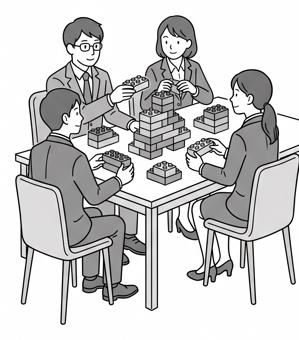 ブロックを協力して組み立てる4人の受験者の線画イラスト