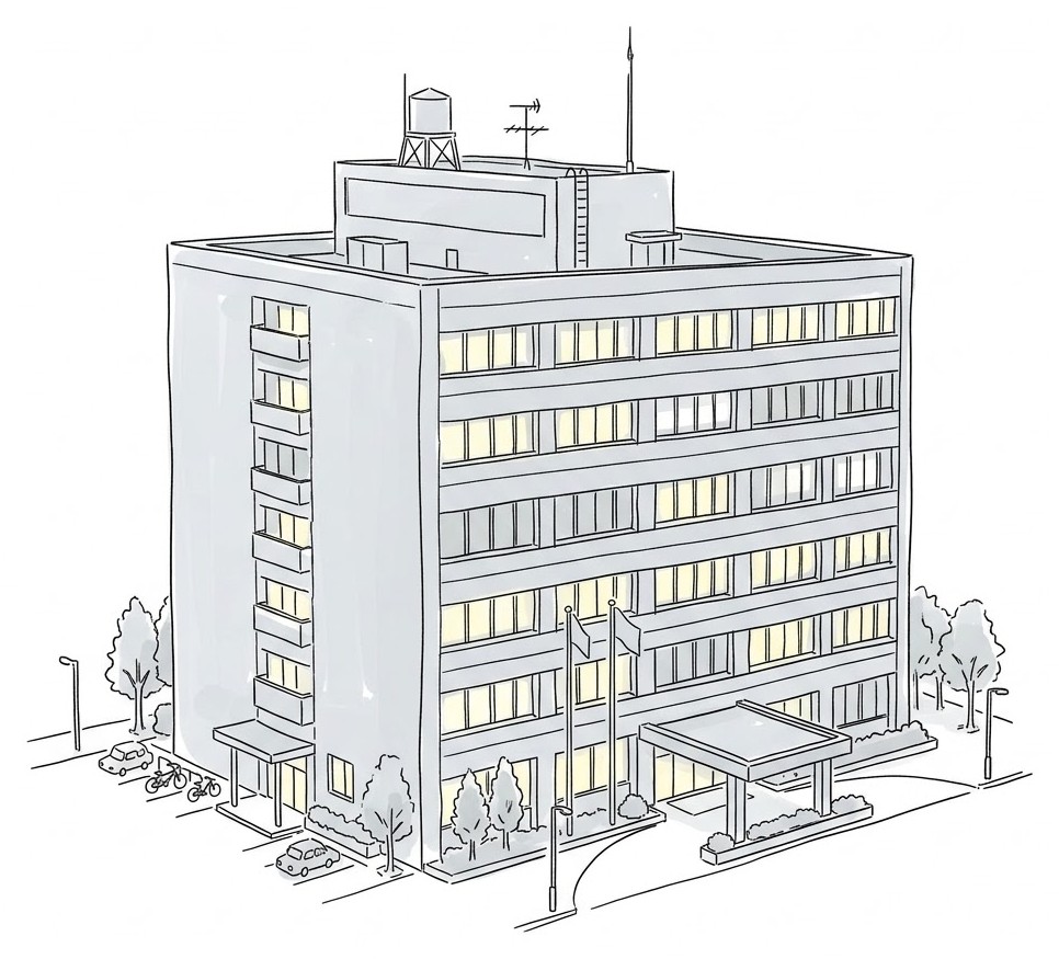 夜遅くまで窓に明かりがついている庁舎の建物の線画イラスト