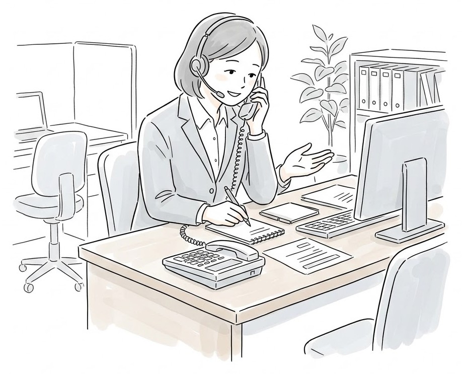 電話で丁寧に問い合わせをしている人の線画イラスト