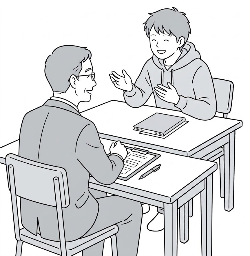 面接官と受験者が笑顔で和やかに会話している線画イラスト