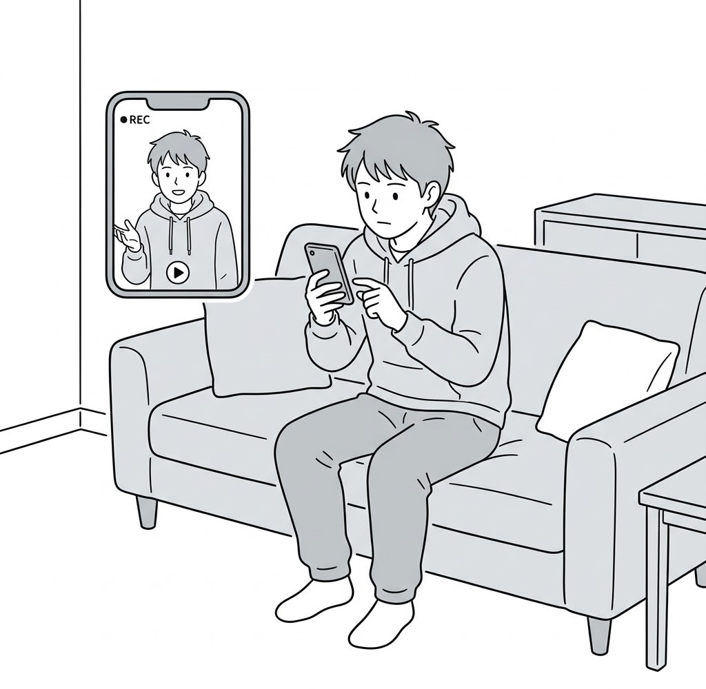 スマートフォンの画面で自分の表情を見返している人の線画イラスト