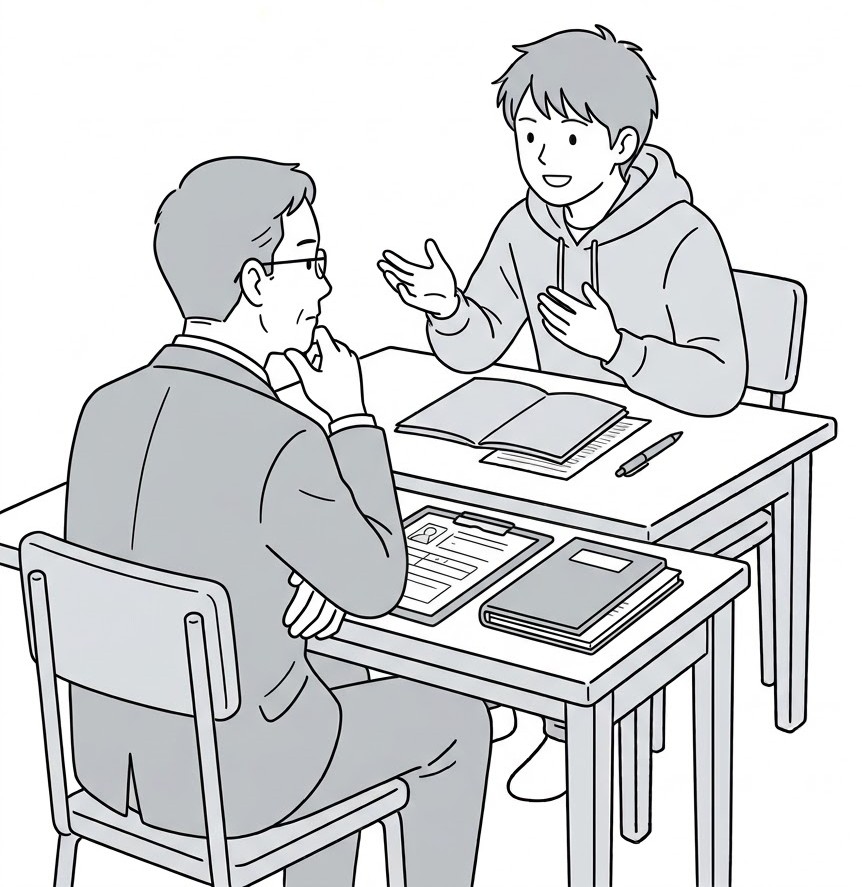 面接官が受験者の話を聞きながら考えをめぐらせている様子の線画イラスト