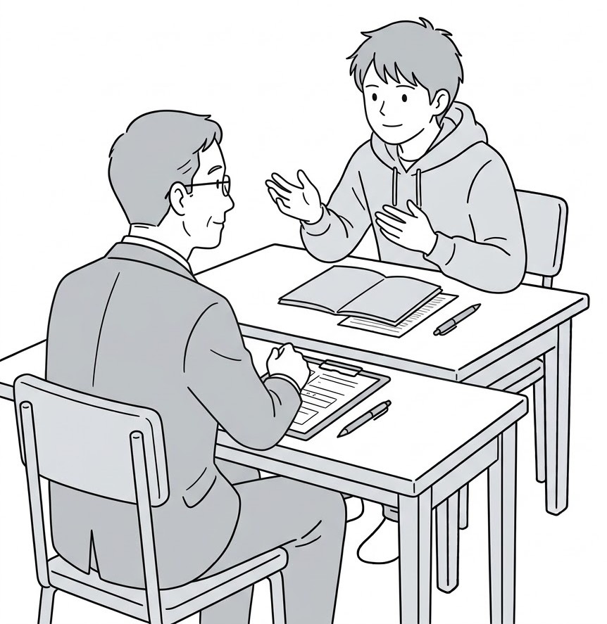 面接の最後に落ち着いて補足説明をする受験者の線画イラスト
