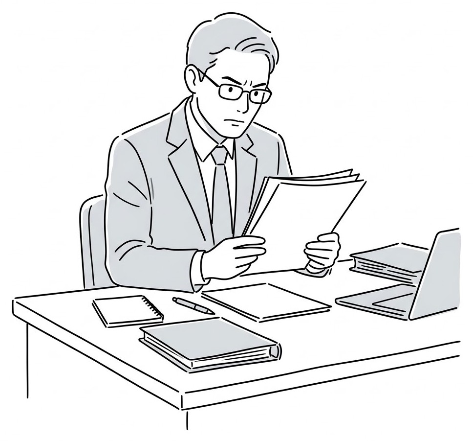 書類を見ながら経歴を確認している面接官の線画イラスト