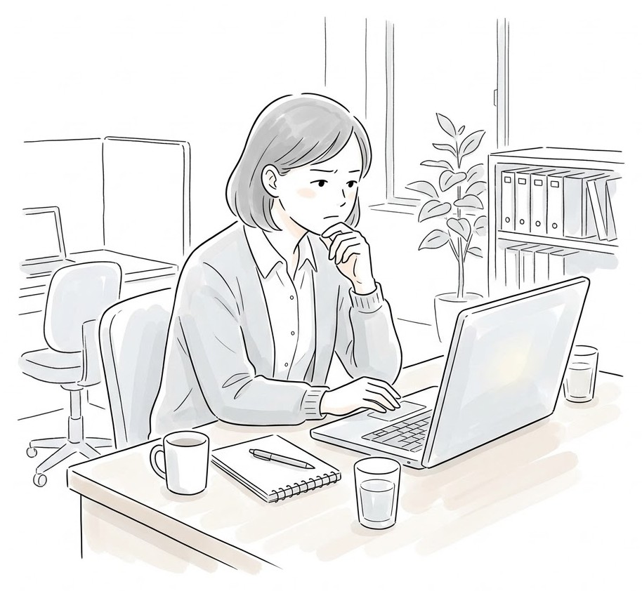 パソコンに向かって文章を推敲している人の線画イラスト
