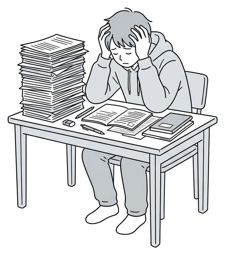分厚い書類の束を前に頭を抱える受験者の線画イラスト