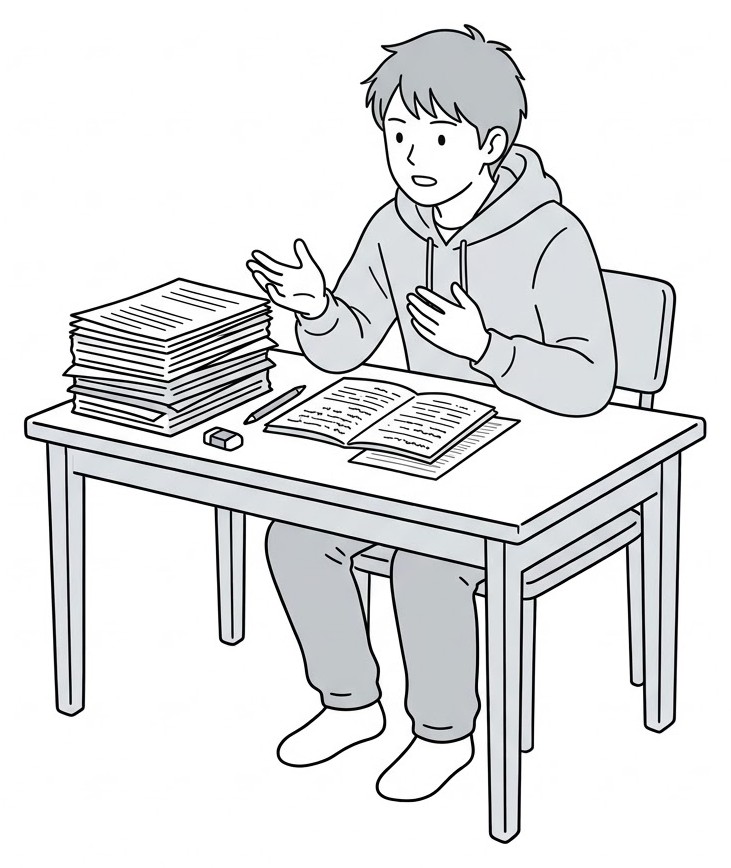 書き込みをしたノートを閉じて、前を向いて話す練習をする人の線画イラスト
